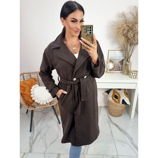 elegancki płaszcz serenita z paskiem i złotymi guzikami – czekolada brąz ze sklepu STYLOWO w kategorii Płaszcze damskie - zdjęcie 186534264