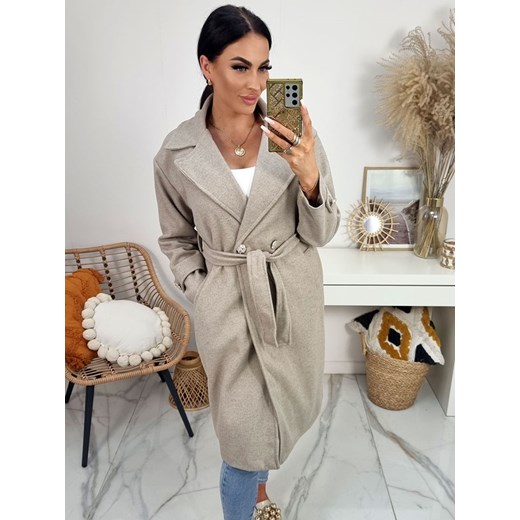 elegancki płaszcz serenita z paskiem i złotymi guzikami – ciemny beż ze sklepu STYLOWO w kategorii Płaszcze damskie - zdjęcie 186534273