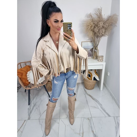 kurtka ramoneska zamszowa mykonos z frędzlami - beżowa ze sklepu STYLOWO w kategorii Kurtki damskie - zdjęcie 186534354
