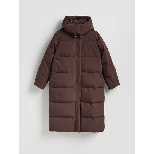 Reserved - Puchowy płaszcz z dodatkiem Sorony - ciemnobrązowy ze sklepu Reserved w kategorii Płaszcze damskie - zdjęcie 186544711