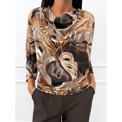 Brązowa Bluzka Nietoperz w Roślinny Print ze sklepu ModnaKiecka.pl w kategorii Bluzki damskie - zdjęcie 186545102
