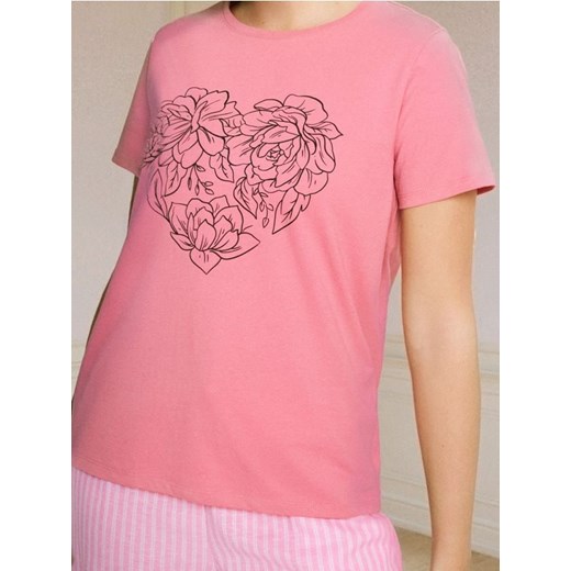 Sinsay - Bawełniana koszulka z nadrukiem - różowy ze sklepu Sinsay w kategorii Bluzki damskie - zdjęcie 186547052