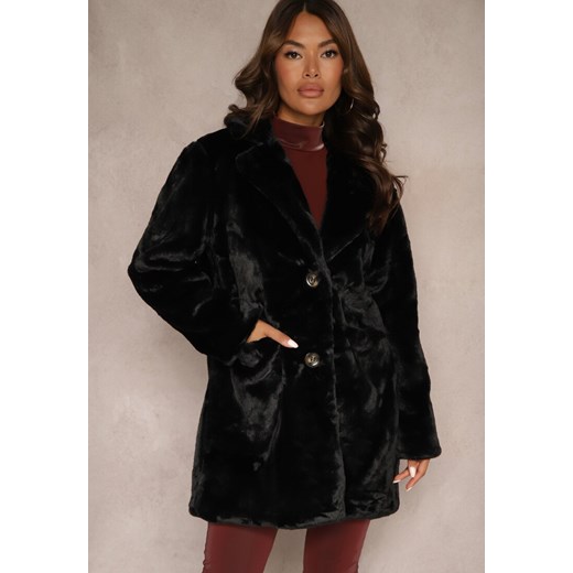 Czarny Futrzany Płaszcz Jednorzędowy z Podszewką i Kieszeniami Daithianne ze sklepu renee.pl w kategorii Futra damskie - zdjęcie 186547692