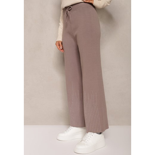 Ciemnoszare Spodnie o Szerokim Kroju High Waist z Cyrkoniami i Gumką w Pasie Renee ONE SIZE wyprzedaż renee.pl