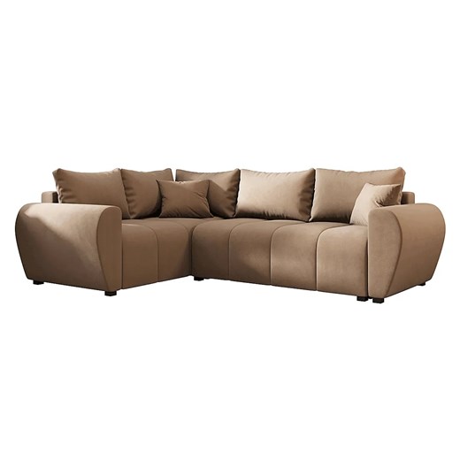 Beżowy welurowy narożnik z funkcją spania T5-K06 ze sklepu Edinos.pl w kategorii Narożniki - zdjęcie 186549133