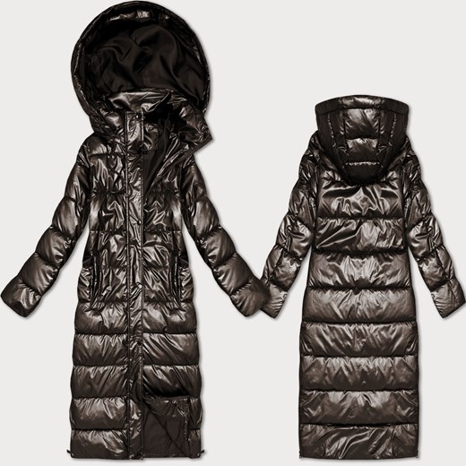 Długa pikowana kurtka przejściowa z kapturem czekoladowa (T3-2629#-103) ze sklepu goodlookin.pl w kategorii Kurtki damskie - zdjęcie 186563073