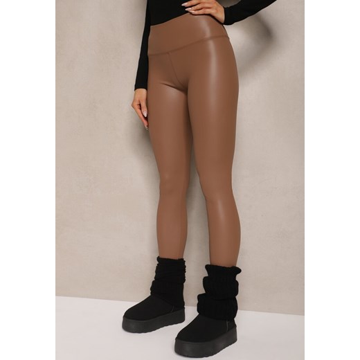 Jasnobrązowe Legginsy z Imitacji Skóry High Waist z Polarem Selabra ze sklepu renee.pl w kategorii Spodnie damskie - zdjęcie 186570922