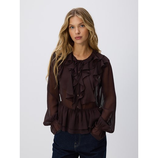 Reserved - Bluzka z falbanami - ciemnobrązowy ze sklepu Reserved w kategorii Bluzki damskie - zdjęcie 186571213