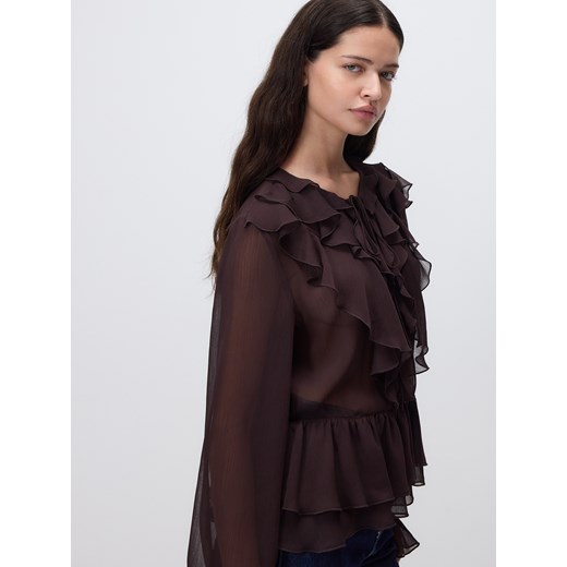 Reserved - Bluzka z falbanami - ciemnobrązowy ze sklepu Reserved w kategorii Bluzki damskie - zdjęcie 186575194