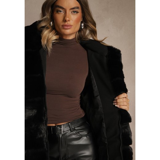 Czarna Kurtka z Pikowanymi Przeszyciami Paskiem Kapturem i Futerkiem Oleila Renee S renee.pl