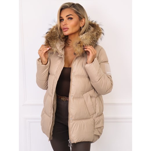 KURTKA ASYMETRYCZNA Z NASZYWKĄ NA RĘKAWIE I FUTERKIEM- BEŻOWA ze sklepu olika.com.pl w kategorii Kurtki damskie - zdjęcie 186585020