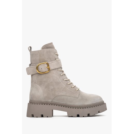 Estro: Szare botki damskie na zimę z włoskiego weluru naturalnego z ozdobnym pasem ze sklepu Estro w kategorii Workery damskie - zdjęcie 186585580