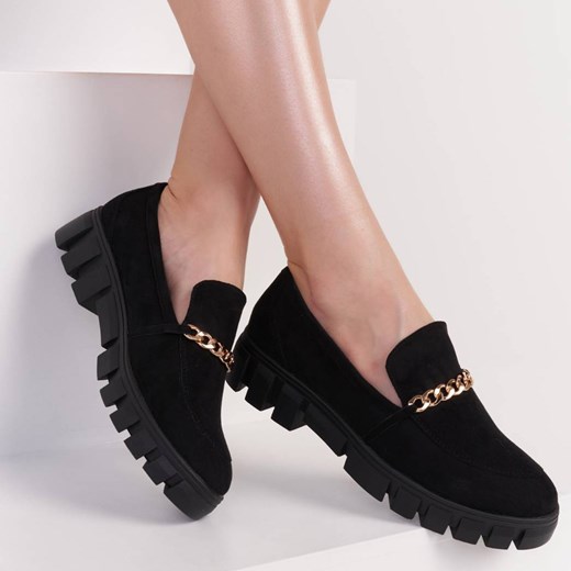 Czarne zamszowe mokasyny damskie na platformie, loafersy Sergio Leone ze sklepu suzana.pl w kategorii Mokasyny damskie - zdjęcie 186588984