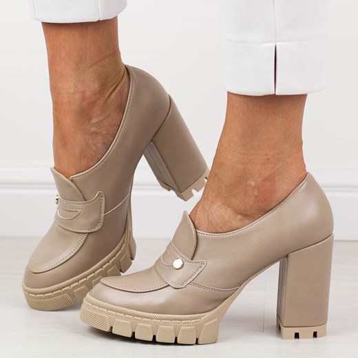 Taupe Polskie mokasyny damskie na słupku, loafersy Deoni D207 ze sklepu suzana.pl w kategorii Mokasyny damskie - zdjęcie 186589004