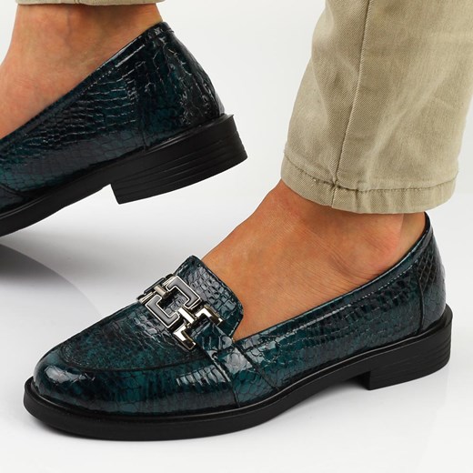 Zielone skórzane Polskie mokasyny damskie z ozdobą Deoni D143 ze sklepu suzana.pl w kategorii Mokasyny damskie - zdjęcie 186589313