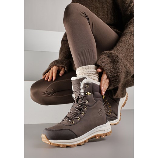 Ciemnobrązowe Botki Śniegowce w Trekkingowym Stylu na Grubej Podeszwie Elorene 39 born2be.pl