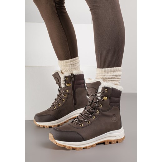 Ciemnobrązowe Botki Śniegowce w Trekkingowym Stylu na Grubej Podeszwie Elorene 41 born2be.pl
