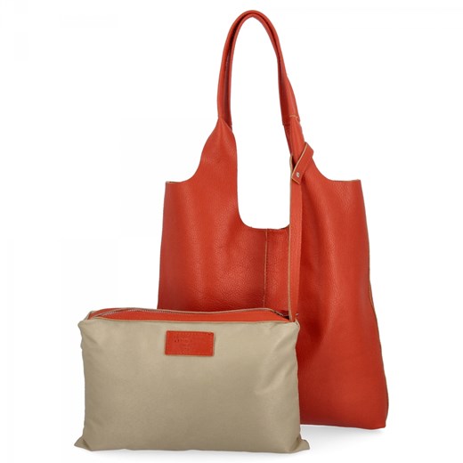 Włoska Torebka Skórzana Shopper Bag z Kosmetyczką 165 Pomarańczowa Other One Size promocyjna cena PaniTorbalska