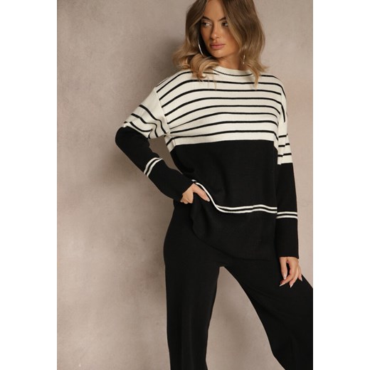 Czarny Komplet z Dzianiny z Wełną Pasiasty Sweter i Spodnie Ralleia Renee ONE SIZE renee.pl
