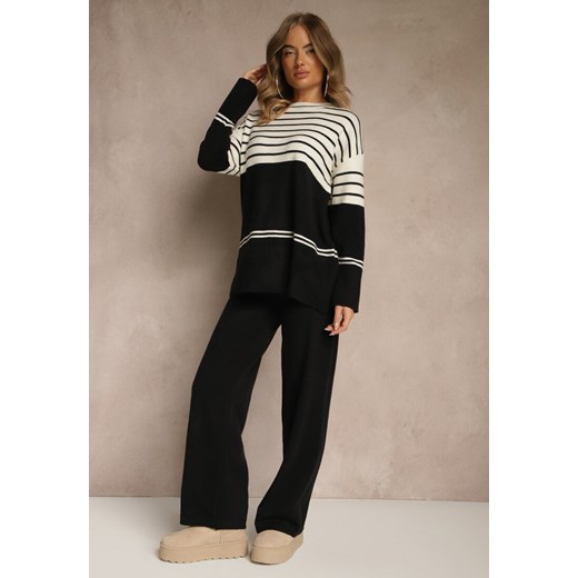 Czarny Komplet z Dzianiny z Wełną Pasiasty Sweter i Spodnie Ralleia Renee ONE SIZE renee.pl