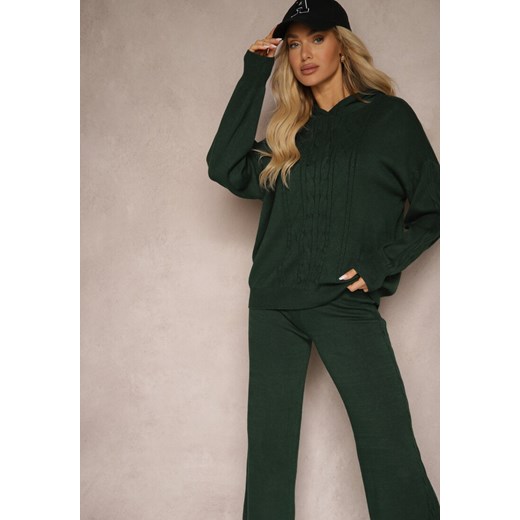 Ciemnozielony Komplet z Dzianiny Oversizowa Bluza z Kapturem i Spodnie z Renee ONE SIZE renee.pl