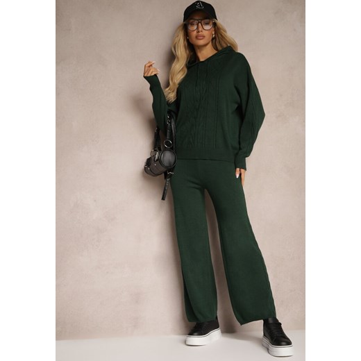 Ciemnozielony Komplet z Dzianiny Oversizowa Bluza z Kapturem i Spodnie z Renee ONE SIZE renee.pl