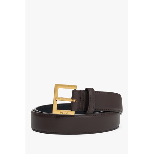 Estro: Klasyczny ciemnobrązowy pasek damski ze skóry naturalnej ze złotymi okuciami ze sklepu Estro w kategorii Paski damskie - zdjęcie 186604513