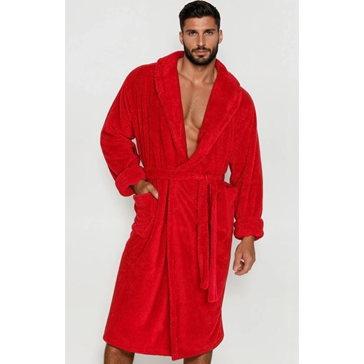 Ciepły szlafrok męski z kołnierzem czerwony 130 cm, Kolor czerwony, Rozmiar M, DKaren ze sklepu Primodo w kategorii Szlafroki damskie - zdjęcie 186612263