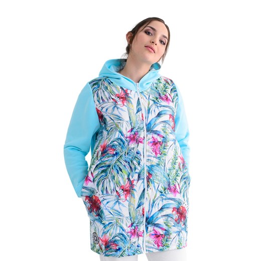 Kurtka FKU1067D TURKUSOWY JASNY drukowane kwiaty i liście ze sklepu fokus.pl w kategorii Kurtki damskie - zdjęcie 186612720