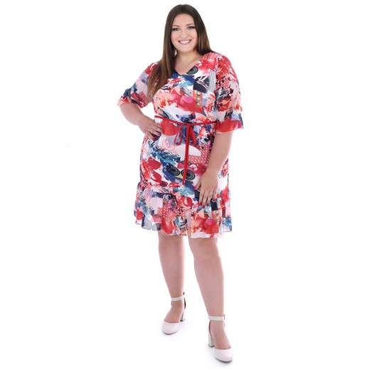 Sukienka FSU1048 EKRI czerwono granatowe plamy ze sklepu fokus.pl w kategorii Sukienki - zdjęcie 186615450