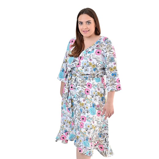 Sukienka FSU1073 EKRI niebiesko różowe kwiaty ze sklepu fokus.pl w kategorii Sukienki - zdjęcie 186615693