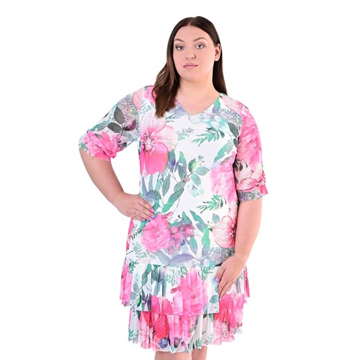 Sukienka FSU1079 EKRI amarantowe kwiaty ekri siatka ze sklepu fokus.pl w kategorii Sukienki - zdjęcie 186618900