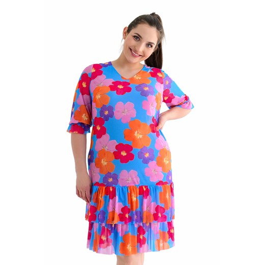 Sukienka FSU1079 RÓŻOWY różowo pomarańczowe bratki niebieska siatka ze sklepu fokus.pl w kategorii Sukienki - zdjęcie 186623443