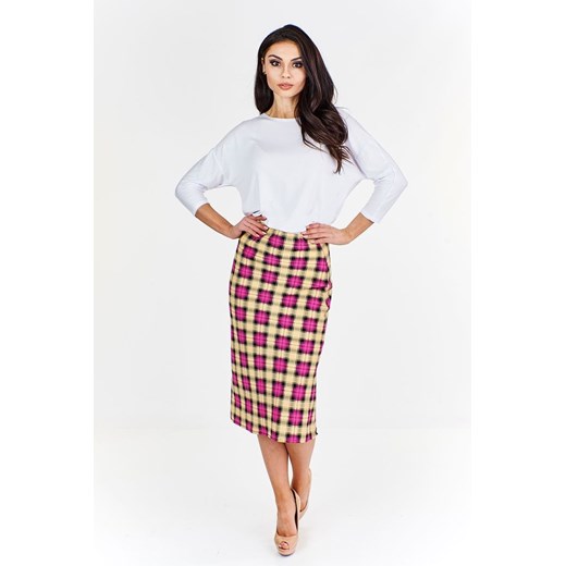 Spódnica FSP771 BEŻOWY + AMARANTOWY kratka ze sklepu fokus.pl w kategorii Spódnice - zdjęcie 186628750