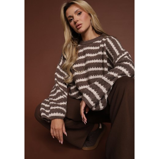 Brązowy Oversizowy Sweter w Paski z Dzianiny z Wełną i Wiskozą Aventole ze sklepu renee.pl w kategorii Swetry damskie - zdjęcie 186630301
