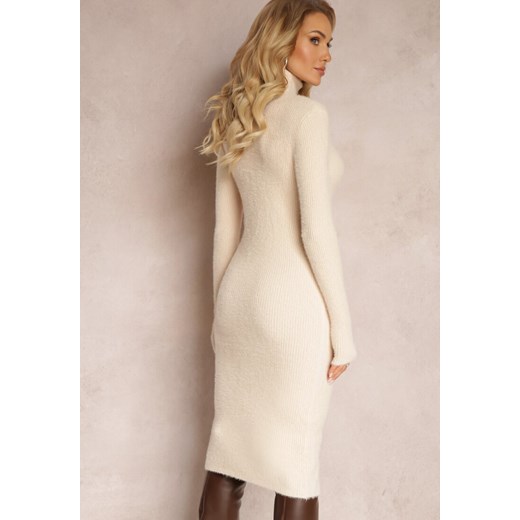 Beżowa Futerkowa Sukienka Midi z Wełny w Stylu Sweterkowym z Golfem Kahinu Renee ONE SIZE renee.pl