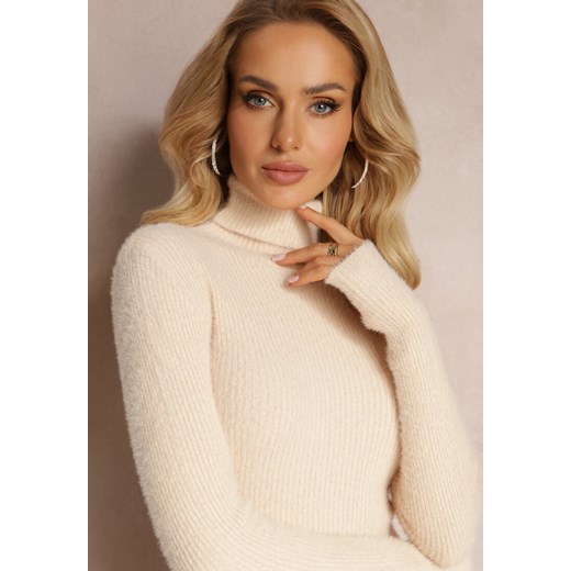 Beżowa Futerkowa Sukienka Midi z Wełny w Stylu Sweterkowym z Golfem Kahinu Renee ONE SIZE renee.pl