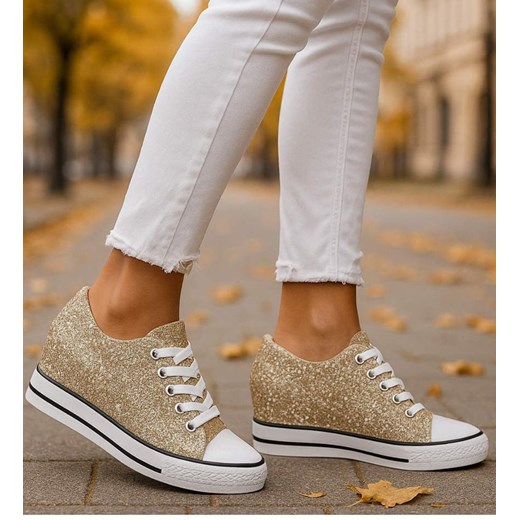 Złote trampki sneakersy na niskim koturnie /i4-3 16612 T094/ ze sklepu Pantofelek24.pl w kategorii Trampki damskie - zdjęcie 186639522