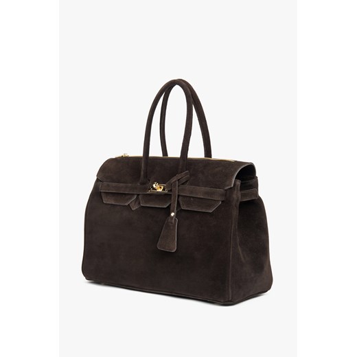Estro: Ciemnobrązowa torebka damska typu kuferek z włoskiego weluru naturalnego Estro One Size Estro