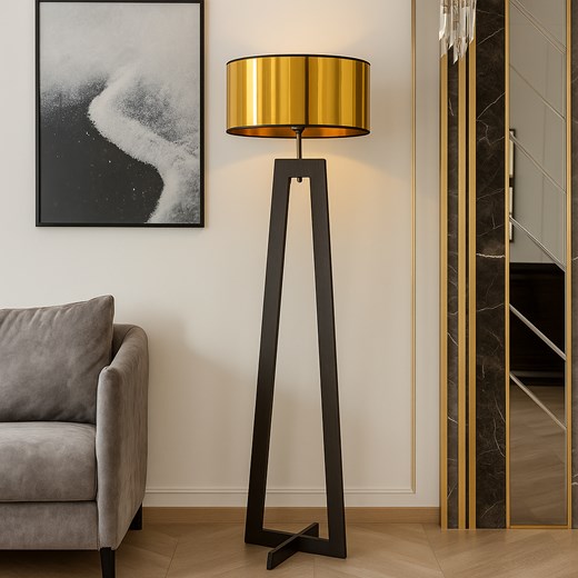Czarna lampa stojąca z drewna ze złotym kloszem BALI MIRROR - id: 6639 - marki Ciekot Partners Sp. Z O. O. - 186640833 Czarna lampa stojąca z drewna ze złotym kloszem BALI MIRROR ze sklepu Lysne w kategorii Lampy podłogowe - zdjęcie 186640833