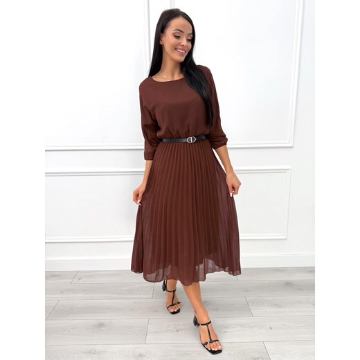 Czekoladowa Plisowana Sukienka z Paskiem Modnakiecka.pl 38 ModnaKiecka.pl