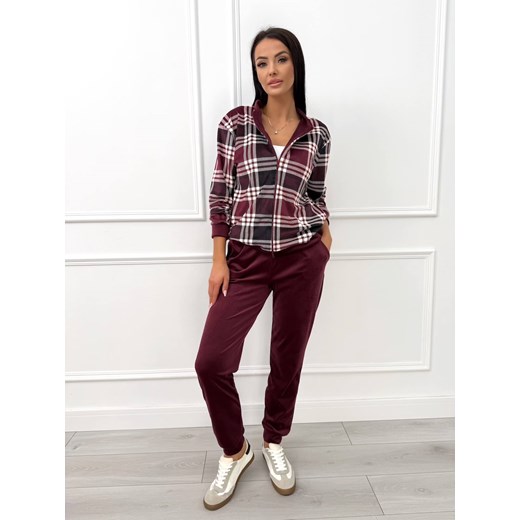 Bordowy Welurowy Komplet w Kratkę Modnakiecka.pl S/M ModnaKiecka.pl