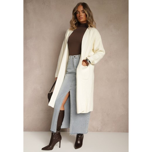Jasnobeżowy Długi Kardigan Niezapinany z Bawełną Ferrive ze sklepu renee.pl w kategorii Swetry damskie - zdjęcie 186646652