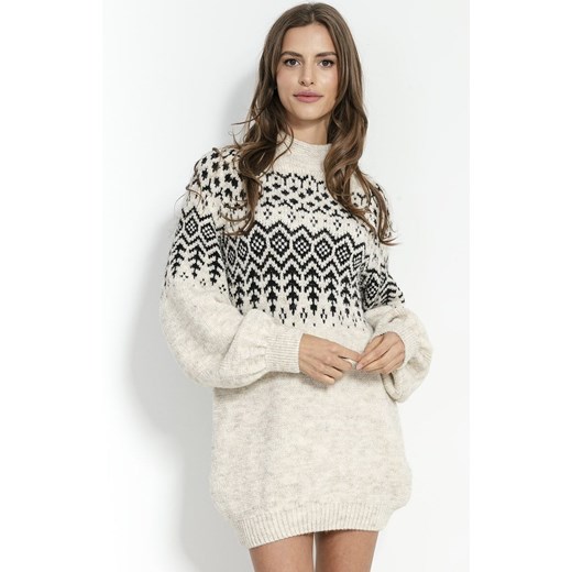 Dzianinowa sukienka świąteczna długi sweter F856, Kolor beżowy melanż, Rozmiar Fobya S/M Intymna promocyjna cena