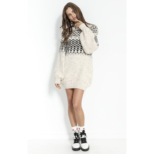 Dzianinowa sukienka świąteczna długi sweter F856, Kolor beżowy melanż, Rozmiar Fobya S/M okazja Intymna