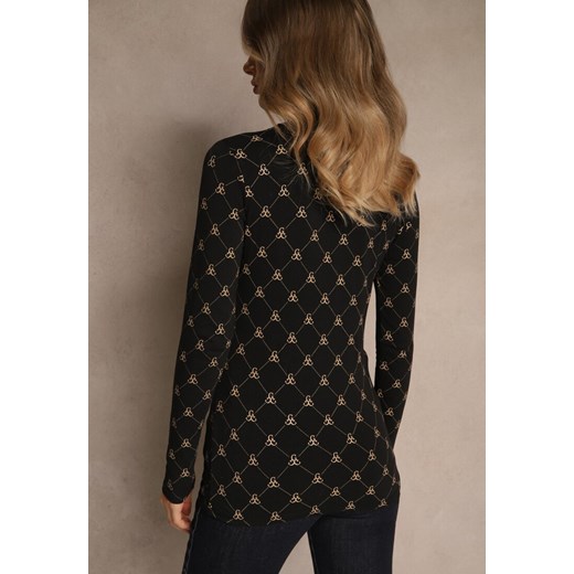 Czarna Bluzka Longsleeve Półgolf z Bawełny Ozdobiona Geometrycznym Nadrukiem Renee S renee.pl