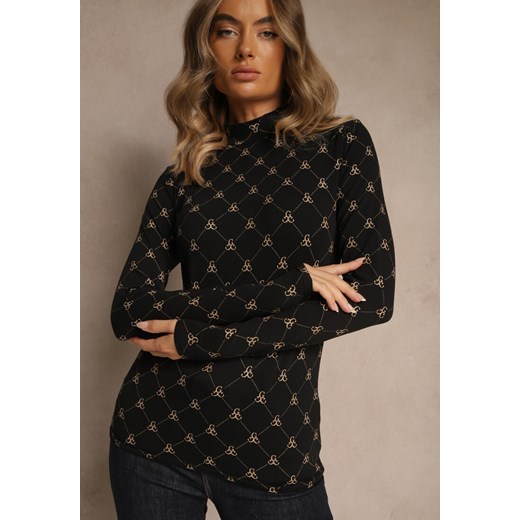 Czarna Bluzka Longsleeve Półgolf z Bawełny Ozdobiona Geometrycznym Nadrukiem Renee XL renee.pl