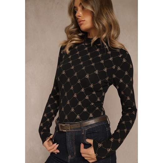 Czarna Bluzka Longsleeve Półgolf z Bawełny Ozdobiona Geometrycznym Nadrukiem Renee S renee.pl