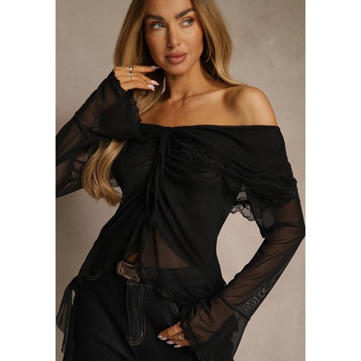 Czarna Bluzka Off Shoulder z Falbankami z Siateczki z Bawełny i Wiskozy Renee M renee.pl