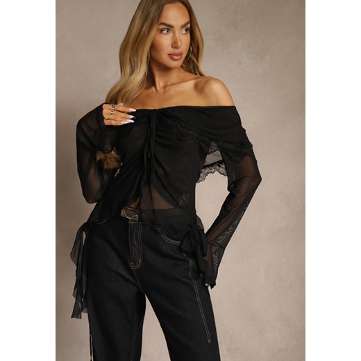 Czarna Bluzka Off Shoulder z Falbankami z Siateczki z Bawełny i Wiskozy Renee L renee.pl